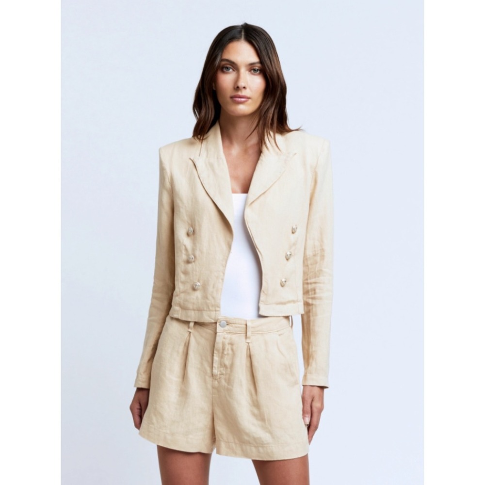 L'AGENCE Dolly Linen Cropped Blazer in Sand Size Small Quiet Luxury/Old Money